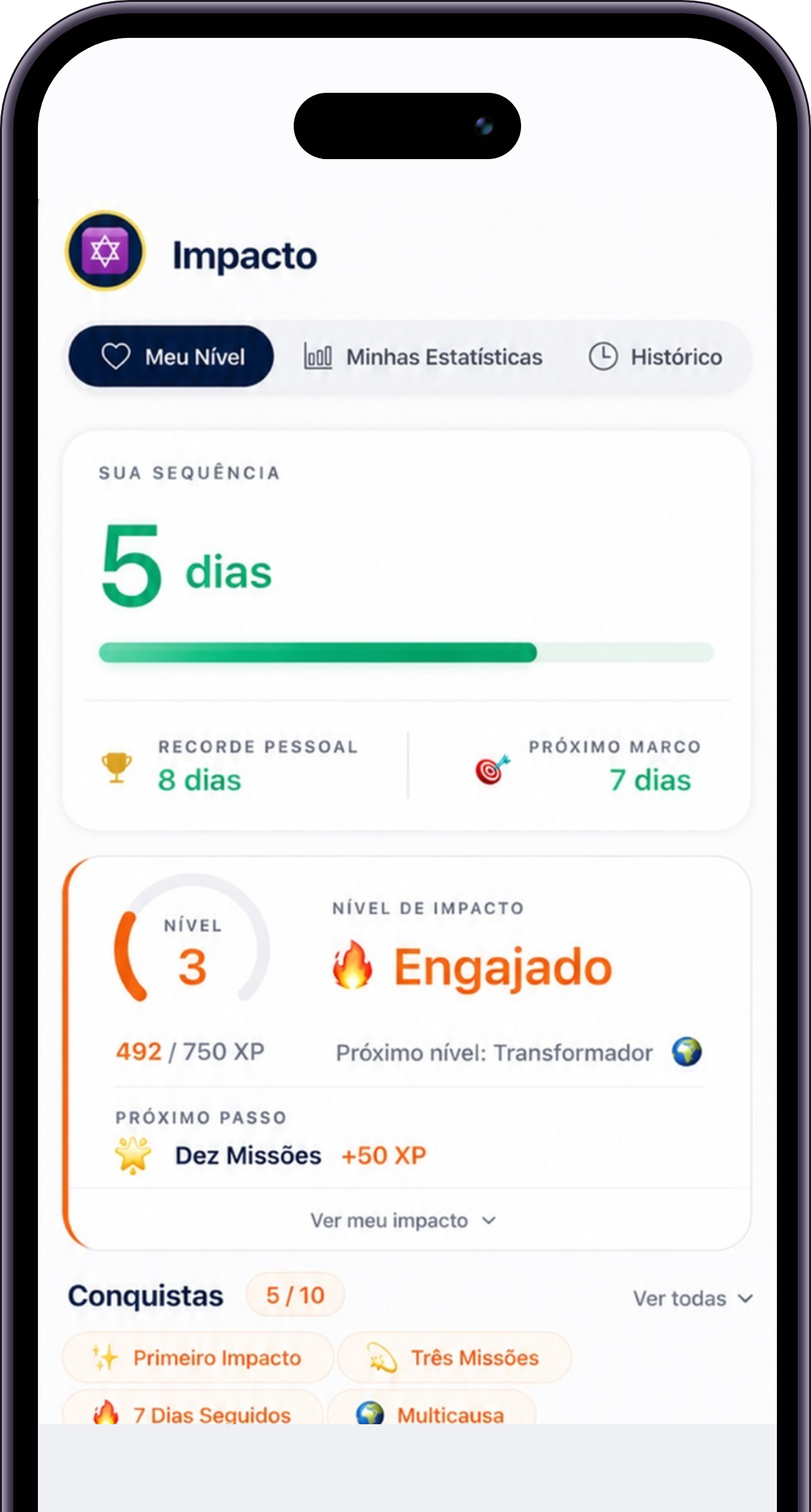 Tela de níveis de impacto do TzedakApp