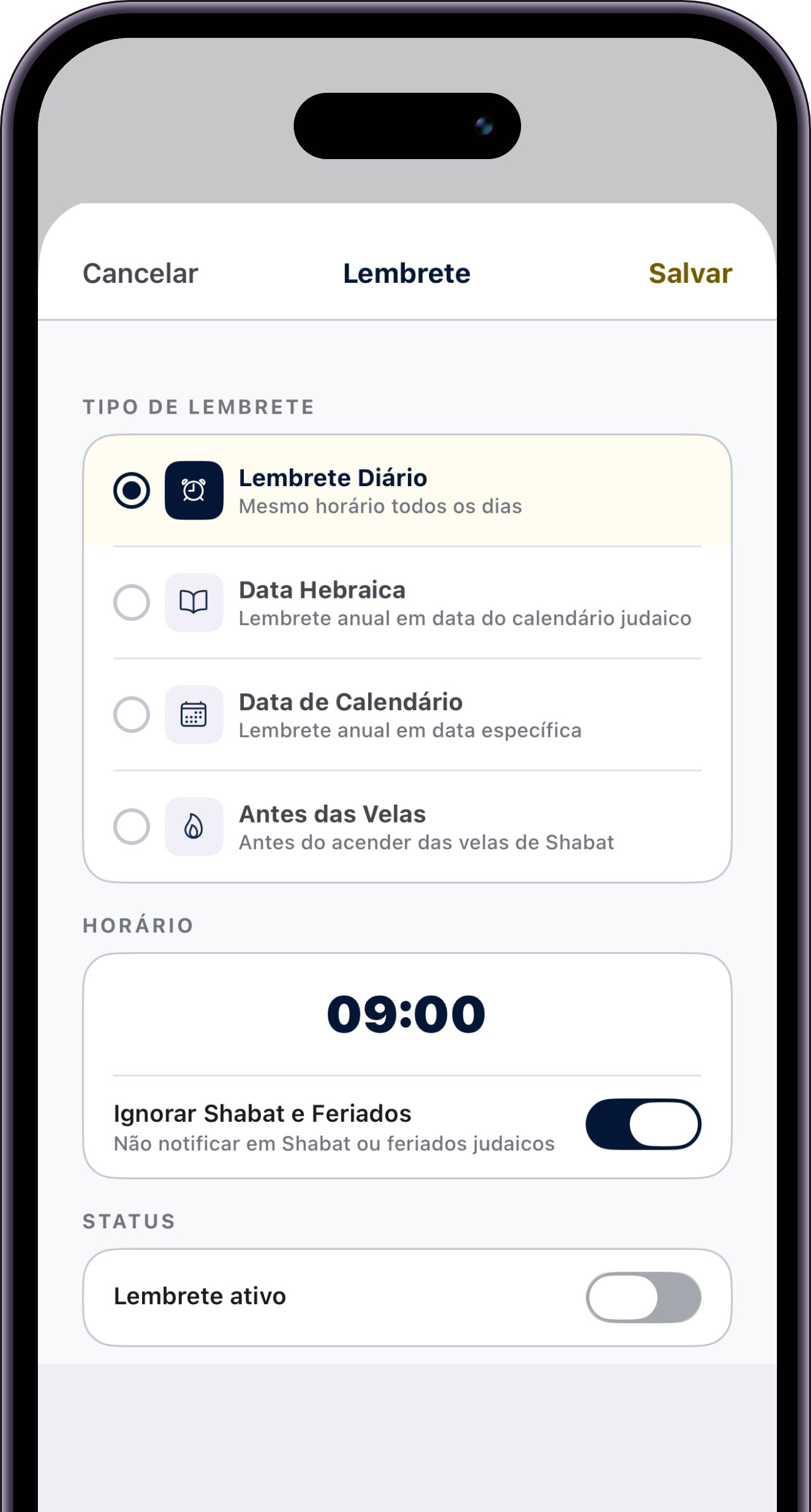 Tela de criação de lembrete do TzedakApp